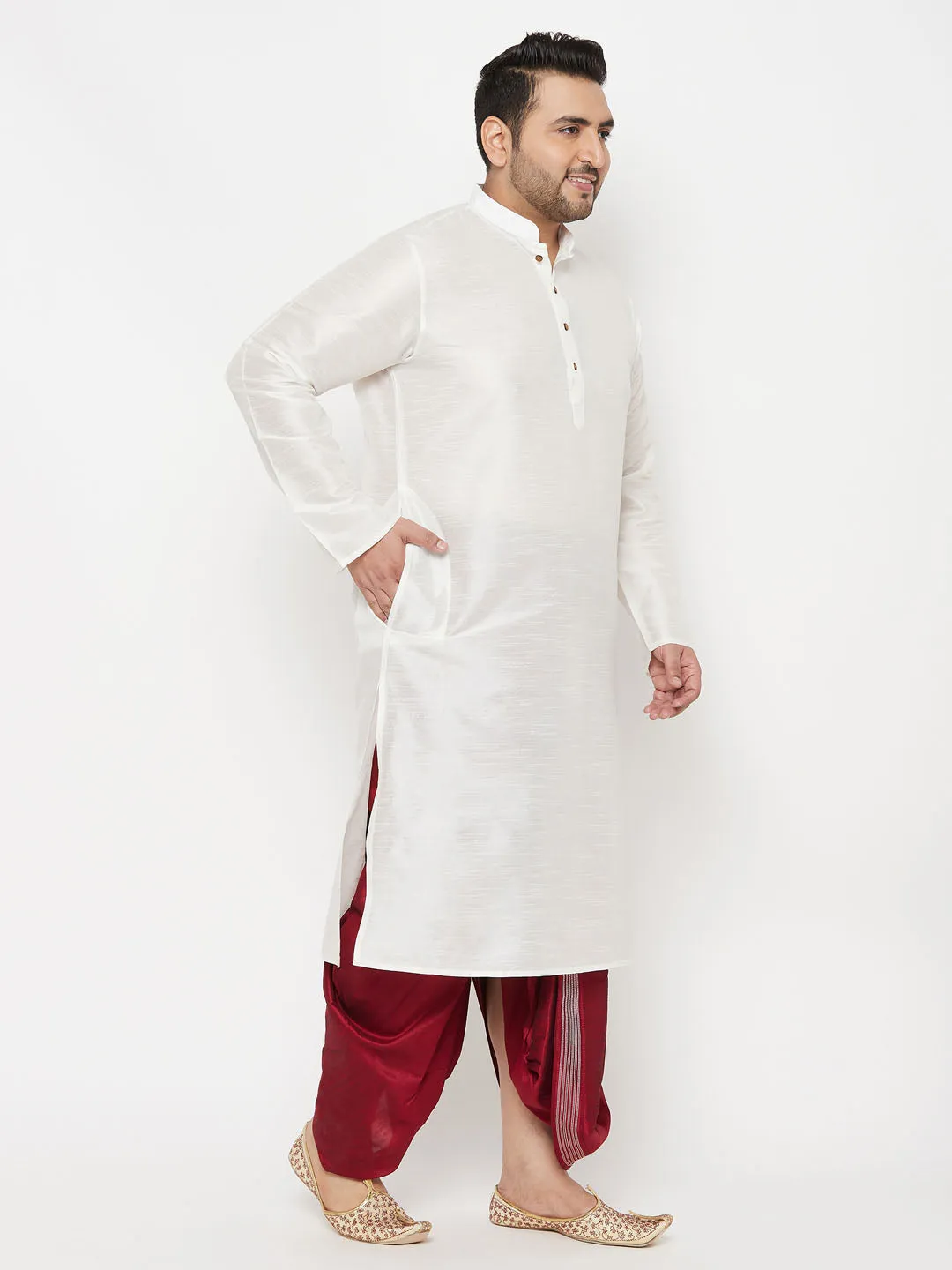 VASTRAMAY White Silk Blend Kurta Dhoti