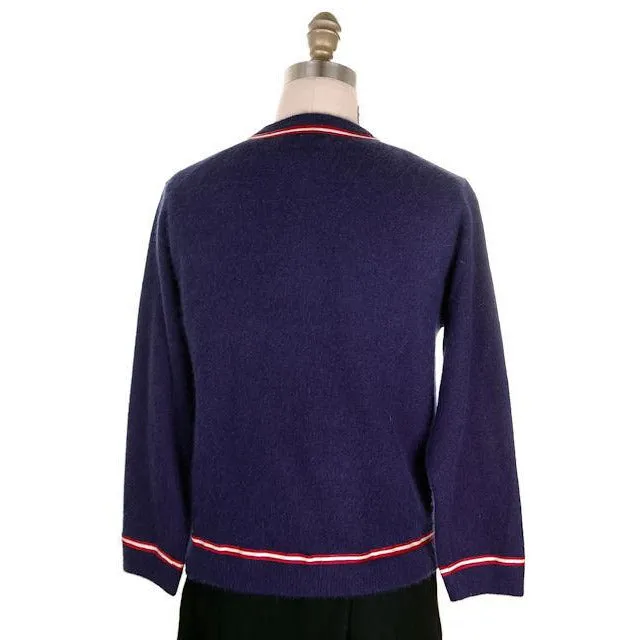 Vintage Navy Cardigan Sweater Blue  Red & White Trim 1960s M-L