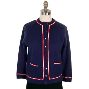 Vintage Navy Cardigan Sweater Blue  Red & White Trim 1960s M-L