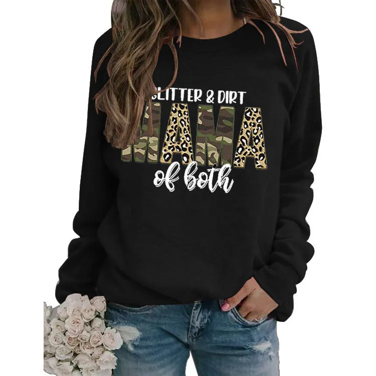 Women's Glitter Dirt Mama Letter Print Long Sleeve Sweatshirt