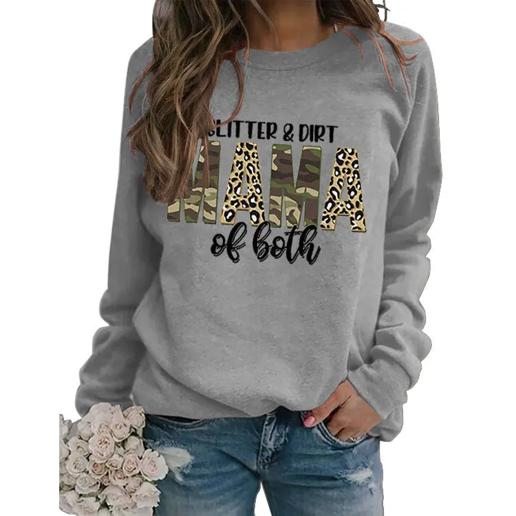 Women's Glitter Dirt Mama Letter Print Long Sleeve Sweatshirt